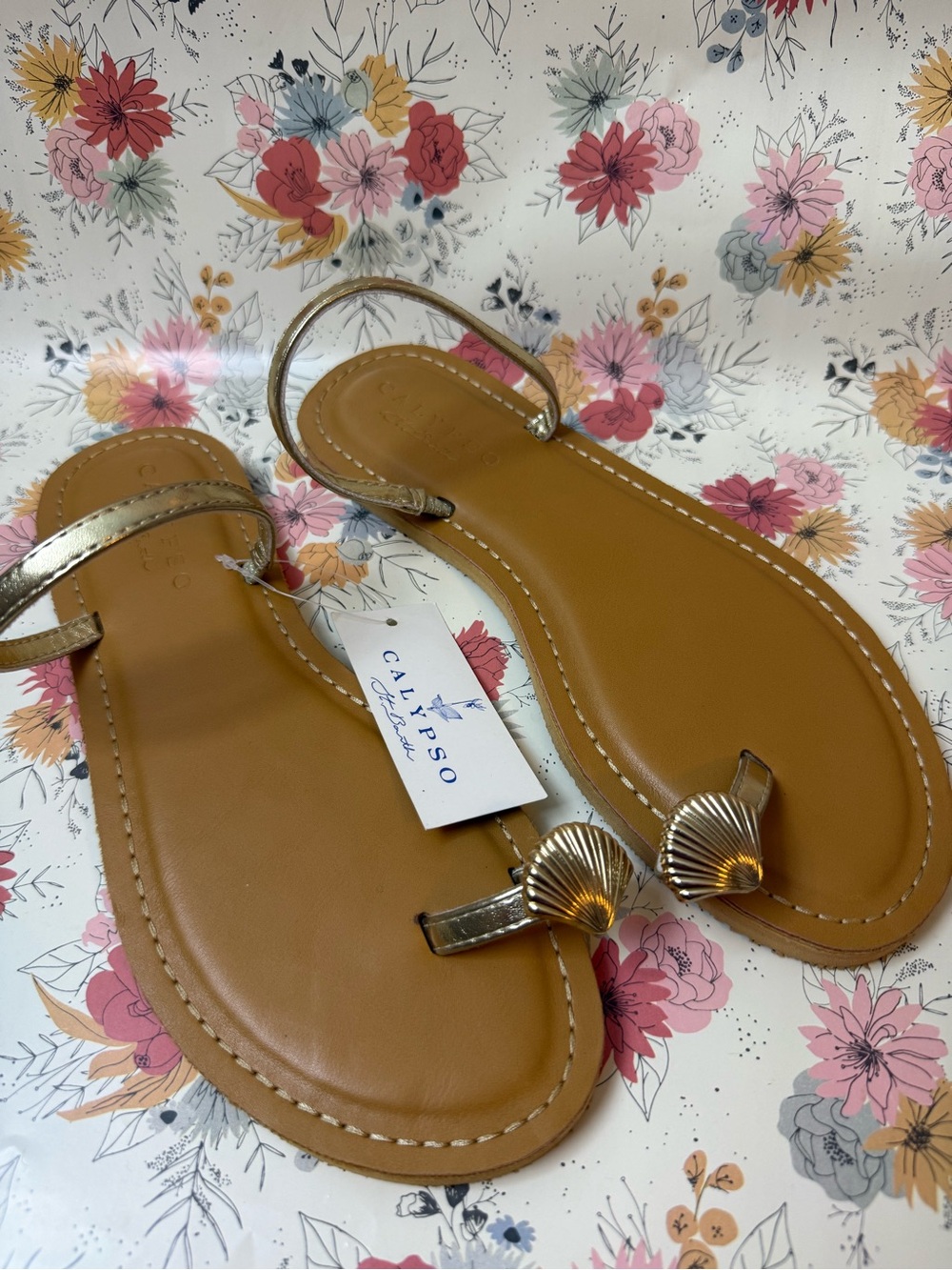 Calypso St. Barth Metallic Gold Shell Toe-Post Sandals on Tan Footbed